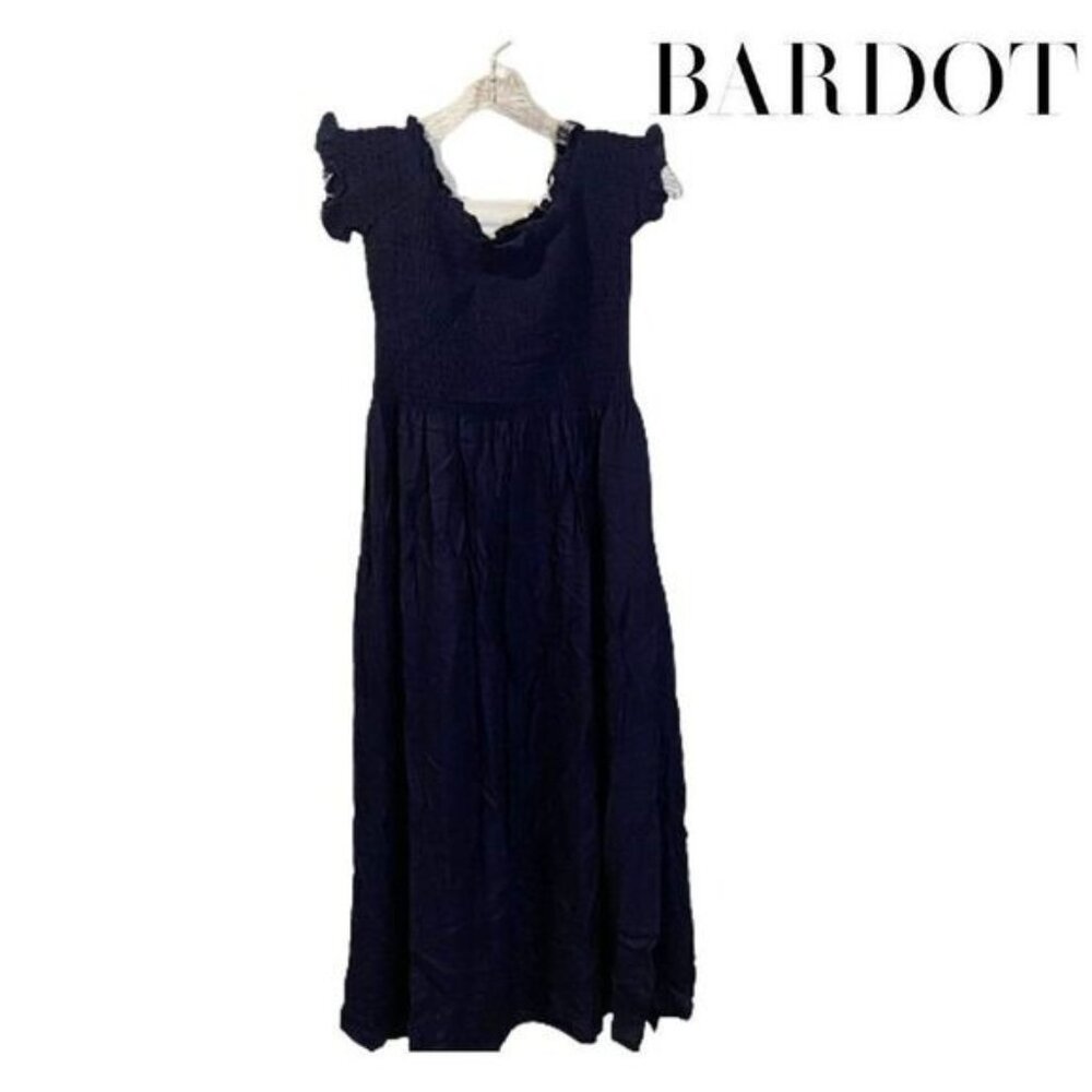 Bardot Navy Smocked Midi Dress With Flutter Sleeves & Ruffle Details Size M